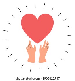 A pair of hands upholding a heart in a gesture of love and support. Flat style illustration, isolated on white background.