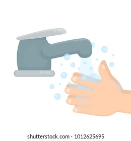 Pair of hands washing using soap and bubbles.Handwashing. Clean arm in foam bubbles. Vector flat cartoon illustration icon design. Personal hygiene,disinfection,skin care concept. Isolated on white