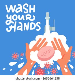 Pair of hands washing using soap and bubbles.Handwashing coronavirus concept. Clean arm in foam. Vector flat cartoon illustration. Personal hygiene,disinfection,skin care concept. COVID-19 prevention.