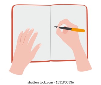 Pair of hands writing in a notebook or journal, holding a pen. Isolated on white background. 