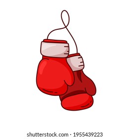 Pareja de guantes de boxeo rojos colgados en una cuerda. Icono de doodle de color. Hand dibujó una simple ilustración de atributo para el deporte. Pictograma vector lineal aislado sobre fondo blanco