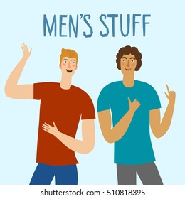 Pair of  happy boys pointing on men's stuff title. You can put any text. Cartoon hand drawn illustration for your design.