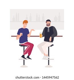 Pair Of Happy Friends Sitting On Stools At Bar Counter And Drinking Beer Or Alcoholic Beverages. Two Cute Funny Smiling Young Men In Pub. Friendly Meeting. Flat Cartoon Colorful Vector Illustration.