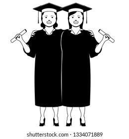 Pair of happy graduating women. Vector illustration design