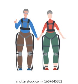 Pair of happy healthy old people in exosuits. Innovation in medicine. Elderly family. Exoskeleton for people with disabilities. Vector flat image for articles, cards and your creativity.