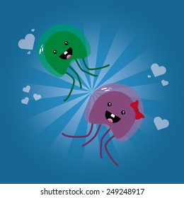 a pair of happy jellyfish on a blue background with hearts