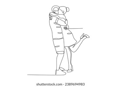 A pair of happy lovers hugging each other. National hugging day one-line drawing