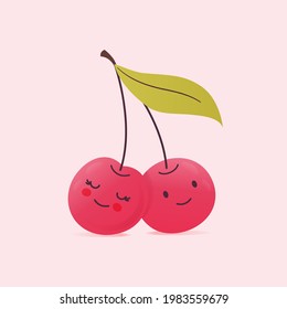 A pair of happy smiling cherries. Vector illustration. 