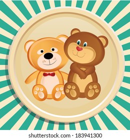 a pair of happy teddy bears within an icon in a striped background