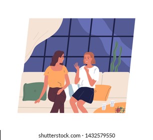 Pair of happy young girls sitting on couch and talking. Two female friends chatting at cafe. Women spending time together. Daily friendly conversation. Flat cartoon colorful vector illustration.