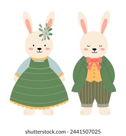 Pair of hares in flat style. Cute rabbits in vintage costumes. Kids funny characters.
