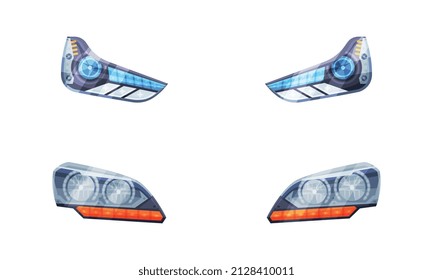 Pair of Headlamp or Headlights as Lamp Attached to Front of Vehicle for Illumination of Road Vector Set