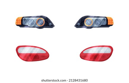 Pair of Headlamp or Headlights as Lamp Attached to Front of Vehicle for Illumination of Road Vector Set