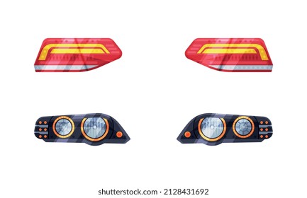 Pair of Headlamp or Headlights as Lamp Attached to Front of Vehicle for Illumination of Road Vector Set