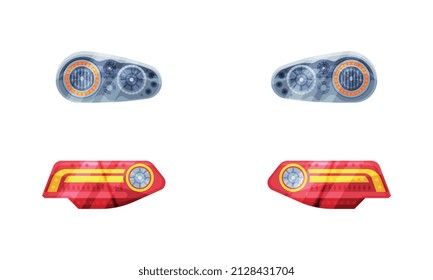 Pair of Headlamp or Headlights as Lamp Attached to Front of Vehicle for Illumination of Road Vector Set