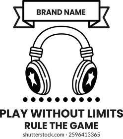 A pair of headphones with a banner that says "Play without limits" and "Rule the game"