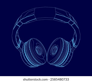 A pair of headphones with a blue background. The headphones are stylized and appear to be 3D