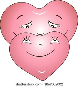 Un par de corazones se miran el uno al otro con amor. Corazones rosados. Vector.