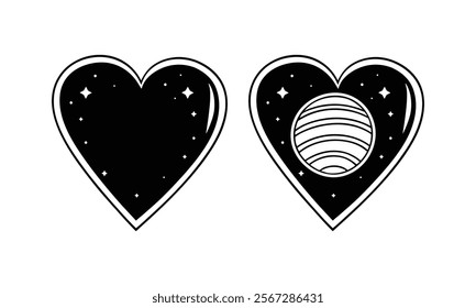 A pair of heart-shaped designs filled with a starry night sky, featuring celestial elements like stars and a planet, symbolizing love intertwined with the universe.