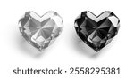 A pair of heart-shaped diamonds side by side, one is clear and sparkling, the other is a deep, opaque black. With soft shadow on white background.