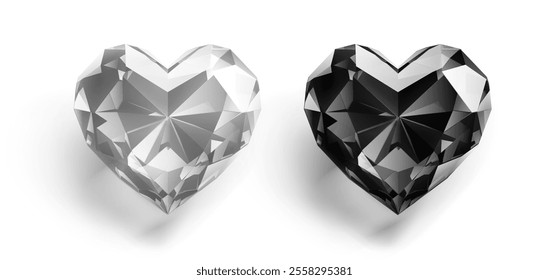 A pair of heart-shaped diamonds side by side, one is clear and sparkling, the other is a deep, opaque black. With soft shadow on white background.