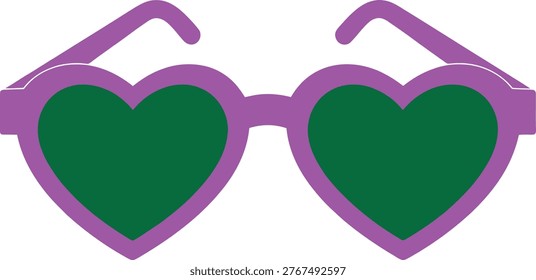 A pair of heart-shaped eyeglasses with pink frames and green lenses