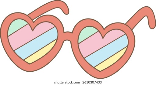 A pair of heart-shaped sunglasses with pastel rainbow-colored lenses in a cute clowncore cartoon style. Perfect for party themes, carnival illustrations, fun summer designs.