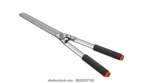 Pair of heavy-duty hedge shears with long metal blades and black rubber handles is shown in an open position for gardening and landscaping themes.