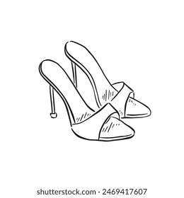 A pair of heeled shoes, drawn in black and white in a sketchy style. Sandal style heels drawn by hand.