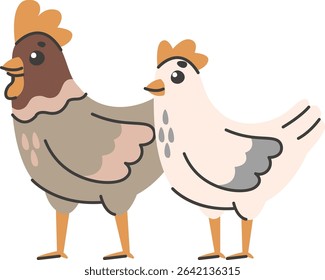 A pair of hens is depicted in a cartoonish style with simple lines and shapes.  Two poultry birds stand together in a charming illustration. Cartoon vector illustration