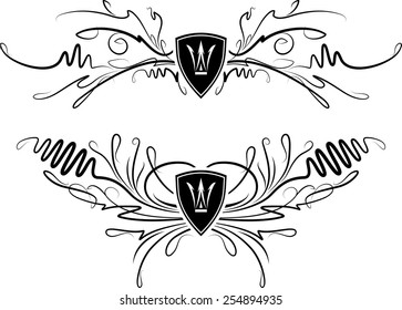 Pair of heraldic designs with shields and crowns. 