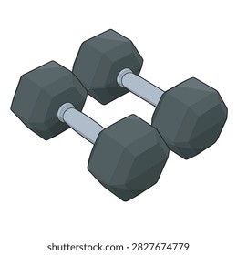 Pair of hexagonal dumbbells with black faceted weight heads and gray metal handles arranged in a parallel position for strength training and fitness workouts