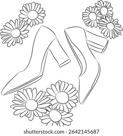 a pair of high heel shoes next to daisy flowers on a white isolated background