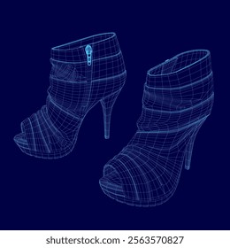 Pair of high heels are shown in a blue color. The shoes are designed to look like they are made of a 3D material. The shoes are shown in a close up view, and the details of the shoes are very clear