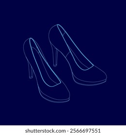 Pair of high heels are shown in blue. The shoes are drawn in a stylized way, with the heels being emphasized. The image has a modern and artistic feel to it