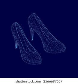 Pair of high heels are shown in a blue background. The shoes are stylized and appear to be made of wire. The image has a futuristic and artistic feel to it