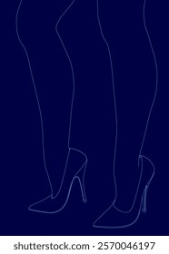 Pair of high heels are shown in a blue background. The shoes are pointed and the legs are thin