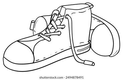 Pair of high-top sneakers with one lying behind the other hand drawn outline vector illustration. Isolated on white background