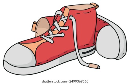 Pair of high-top sneakers with one lying behind the other colored doodle vector illustration. Isolated on white background