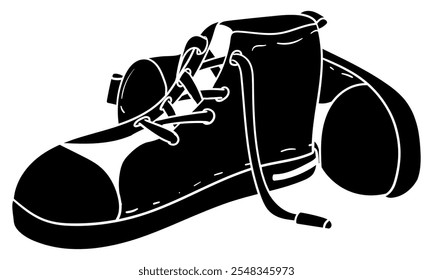 Pair of high-top sneakers with one lying behind the other silhouette vector illustration. Isolated on white background