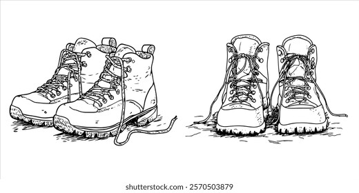 pair of hiking boots with detailed laces hand-drawn illustration