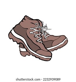 Pair of hiking boots. Fashion tourist shoes. Travel equipment. Active lifestyle. Cartoon vector illustration isolated on white background. Hand drawn outline style