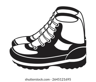 A pair of hiking boots with laces in black and white vector illustration