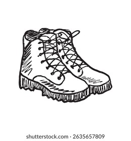 A pair of hiking boots for outdoor walking, hiking, climbing, with support and protection in black brush stroke texture isolated on white. Hand drawn vector sketch illustration in vintage charcoal ink