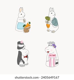 A pair of hippos in a cartoon style, dressed in a tailcoat and a hat and a dress and a pair of hares with a carrot and a basket, one line drawing. Vector illustration EPS10