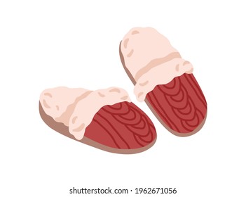 Pair of home winter slippers with knitted top and fur isolated on white background. Interior furry footwear. Women shoes for house. Colored flat vector illustration of female slides