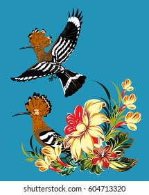 A pair of hoopoes in thickets of wildflowers