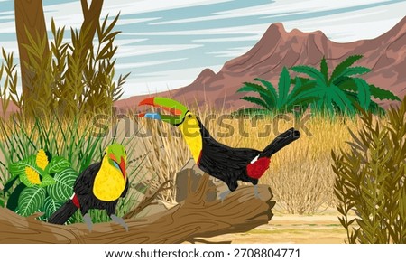 A pair of hornbills perched on a log in the savannah. Realistic vector landscape.
