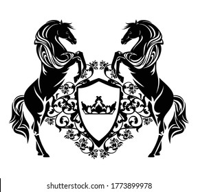 pair of horses holding royal heraldic shield with crown and rose flower decor - black and white vector coat of arms design