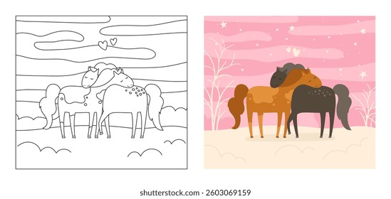 Pair of horses hugging cartoon coloring book for kids vector illustration. Comic postcard horses in love. Cuddle animal flat character. Hand drawing romantic design perfect for Valentine's Day card